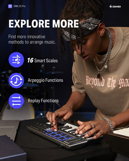 Donner DMK25 Pro MIDI Keyboard Controller, 25 Mini Key Portable USB-C MIDI Keyboard with 8 Drum Pads, OLED Display