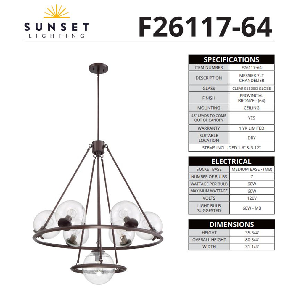 Luminance F26117-64 Messier 7-Light Chandelier Clear Seeded Glass Globe Dimmable - Provincial Bronze Finish