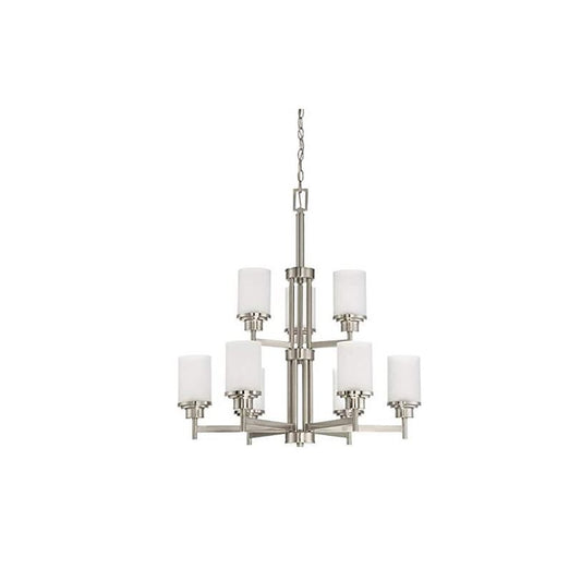 Sunset Lighting Somes 9-Light 2-Tier Chandelier Linen Glass, Dimmable w/ Bright Satin Nickel F17029-80