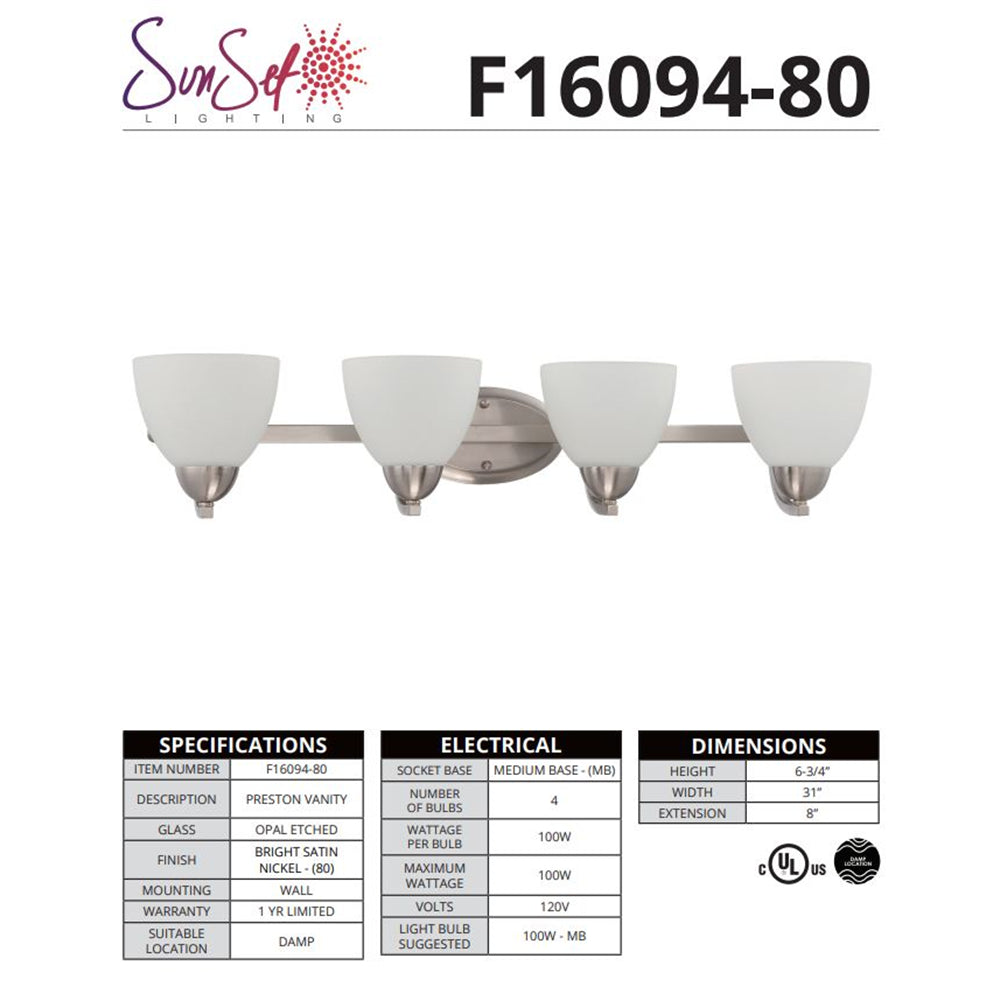 Sunset Preston 4-Light Silver Bathroom Vanity Light  Bright Satin Nickel F16094-80