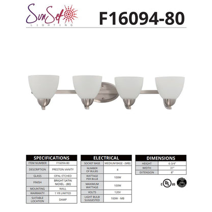 Sunset Preston 4-Light Silver Bathroom Vanity Light  Bright Satin Nickel F16094-80
