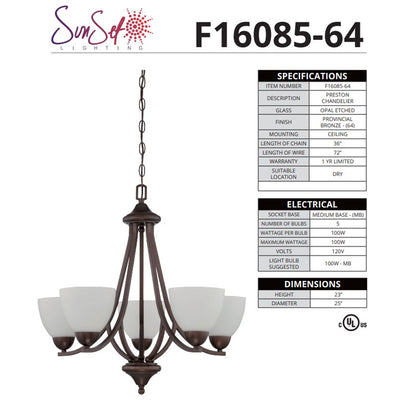 Sunset 5-Light Preston Ceiling Chandelier 100W Provincial Bronze - F16085-64