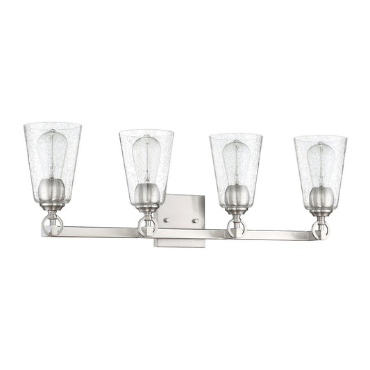 Sunset Lighting Arden 4-Light Vanity 100W Clear Seedy Steel Round Glass w/ Bright Satin Nickel Finish F7224-80