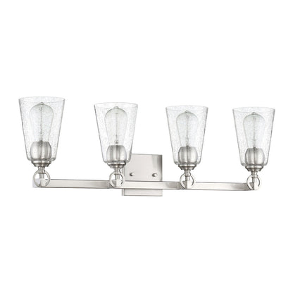 Sunset Lighting Arden 4-Light Vanity 100W Clear Seedy Steel Round Glass w/ Bright Satin Nickel Finish F7224-80