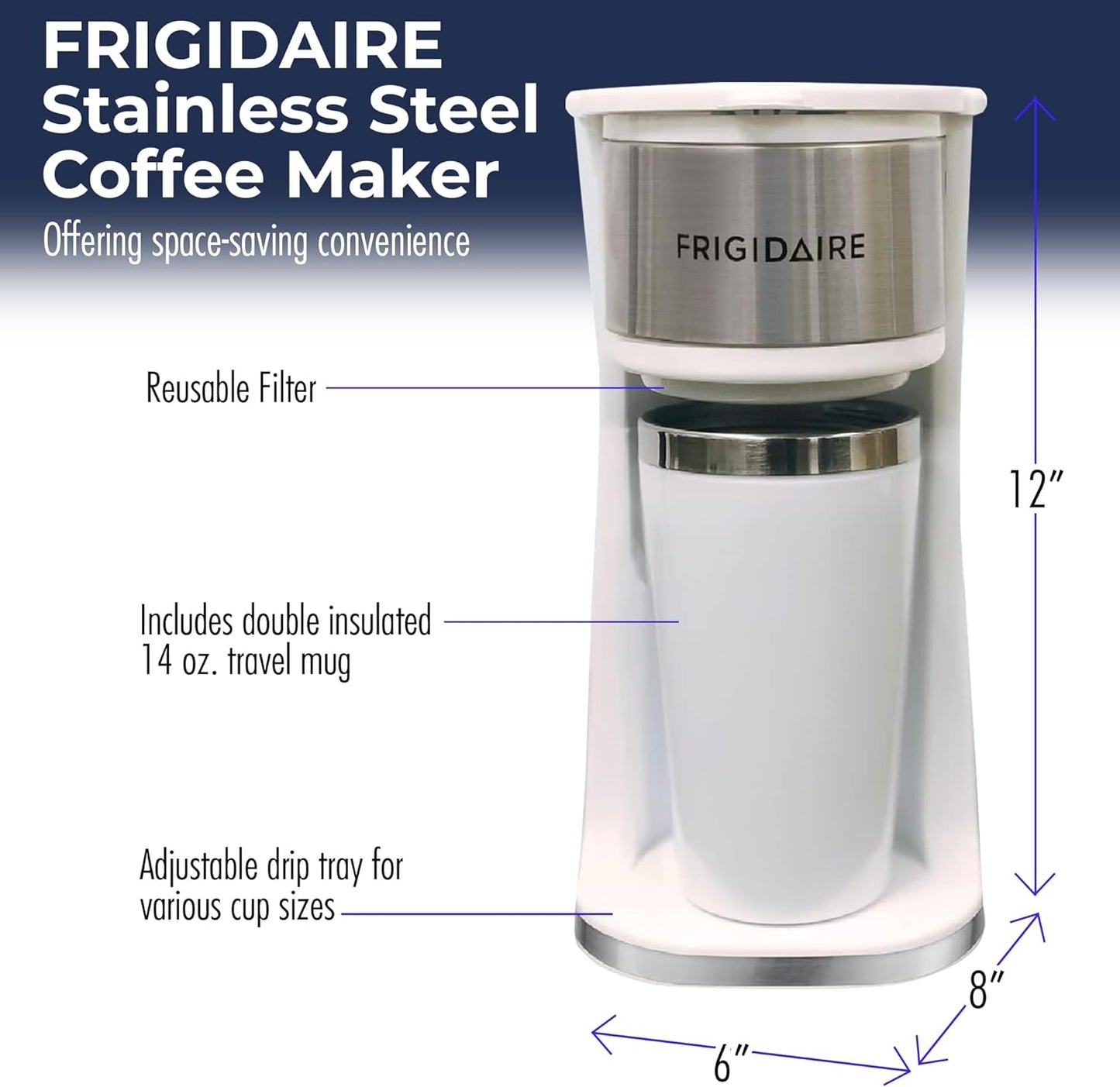 Frigidaire Stainless Steel Coffee Maker Single Cup With Insulted Travel Mug ECMK095 with 420ml Capacity White