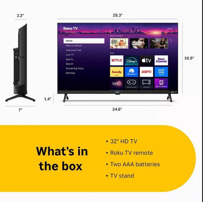 Hiro 32" 720p HD Smart TV Flat Screen LED Television with Roku TV and Dolby Audio for Streaming H32C2C4