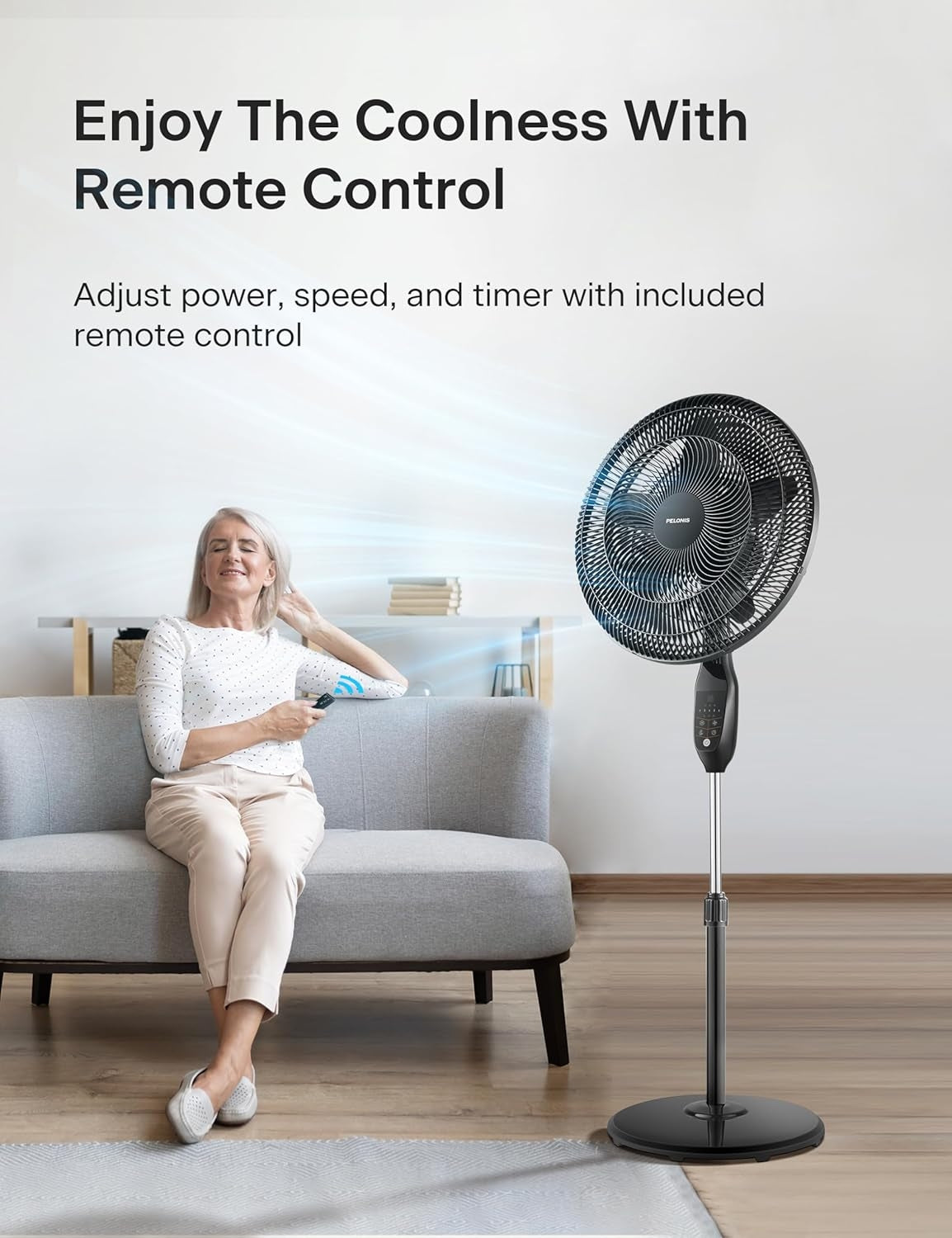 Pelonis PFS45A5BBB 18 inch 5-Blade Oscillating Fan, Adjustable Standing Pedestal Remote, LED Display, 5 Speed Setting and 7-Hour Timer Fan, Black