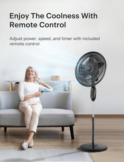 Pelonis PFS45A5BBB 18 inch 5-Blade Oscillating Fan, Adjustable Standing Pedestal Remote, LED Display, 5 Speed Setting and 7-Hour Timer Fan, Black
