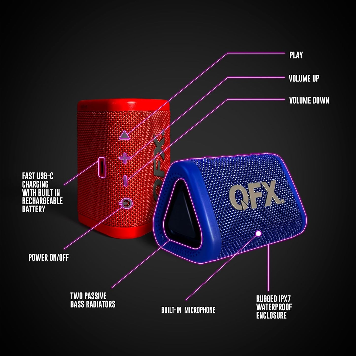 QFX BT-ZX0 Mini Speakers - IPX7 Waterproof Portable Bluetooth Speaker Black