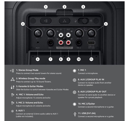 Samsung MX-ST40F/ZA Sound Tower 160W Portable Party Speaker with Built In Battery, Up to 12x Hrs of Battery Life, Up to 160W, Dynamic Party Lights+ & DJ Effects