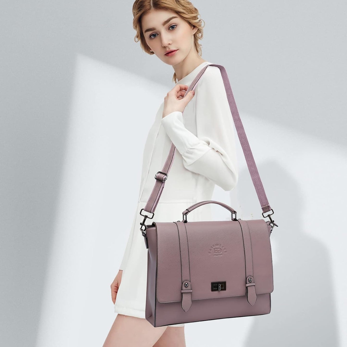 Women's 15.6 Inch Laptop Briefcase, Vintage Purple Saffiano Eco-Leather, 4 Large Compartments