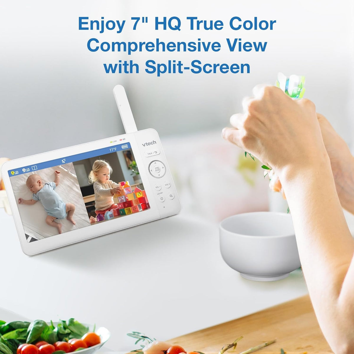 VTech Baby Monitor No Wi-Fi, 2 Cameras, 7" IPS Split Screen, 5000mAh 12Hr Battery, 360° PTZ, 4X Zoom, Night Vision