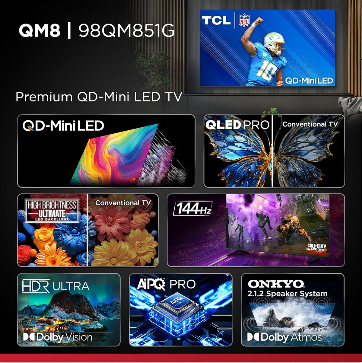TCL - 98" Class QM8-Series 4K UHD HDR QD Mini LED Smart Google TV 98QM851G