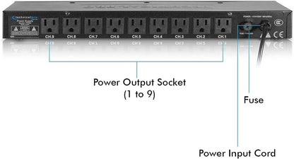 Technical Pro Power Supply Strip, 9 Power Outlet with Switches | 5V USB Charging Port, 1800 Watts, 4 Ft TPS9TU