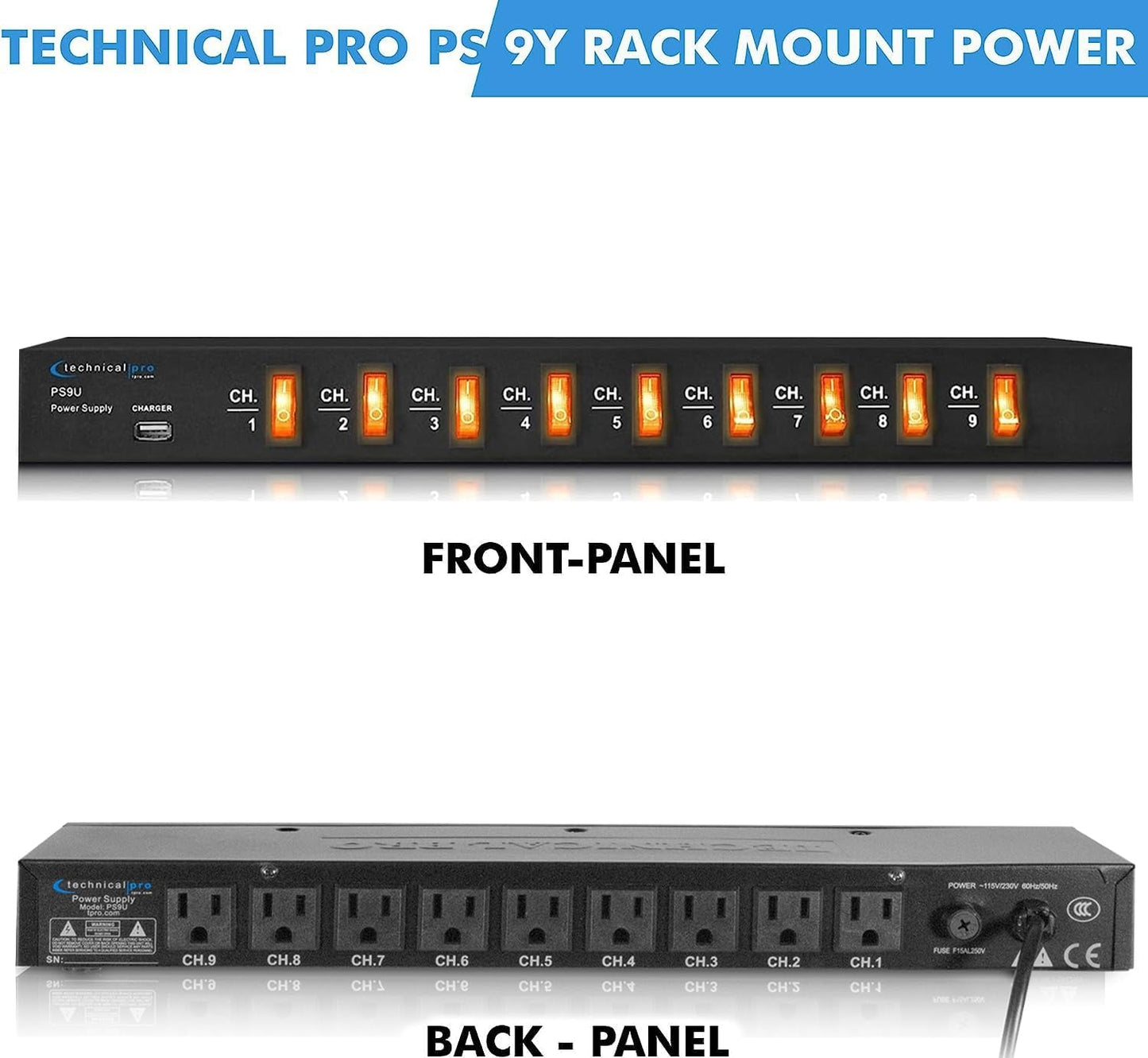 Technical Pro PS9Y Electric Power Supply w/ 9 Power switches, 1800 Watt Max Load | 5V USB Charging Port, (4 Foot)