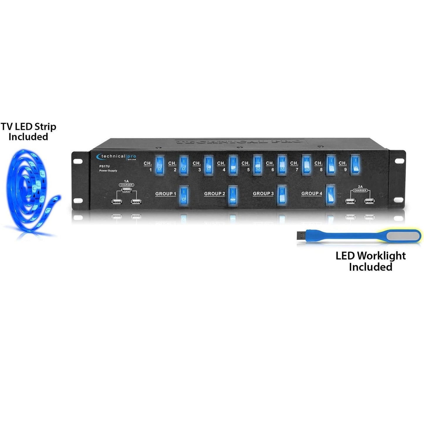 Technical Pro PS17U Rack Mount 17 Outlet Power Supply with 13 Switches, 1800W Surge Protector & USB Charging Ports
