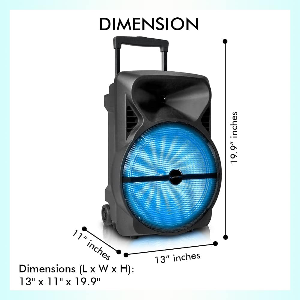 Technical Pro PB1402 12" Rechargeable Bluetooth LED Party Speaker, 2000W with USB, TF Card & Microphone Input