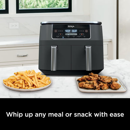Ninja DZ201 Foodi 8 Quart 6-in-1 DualZone 2-Basket Air Fryer w/ 2 Independent Frying Baskets, Match Cook & Smart Finish to Roast, Broil, Dehydrate & More for Quick, Easy Meals, Grey