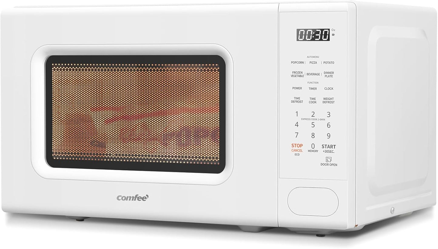 COMFEE Retro Microwave 0.7 Cu Ft 700 Watt with 11 power levels, Fast Multi-stage Cooking, Turntable Reset Function Kitchen Timer, CMO-C20M1WH