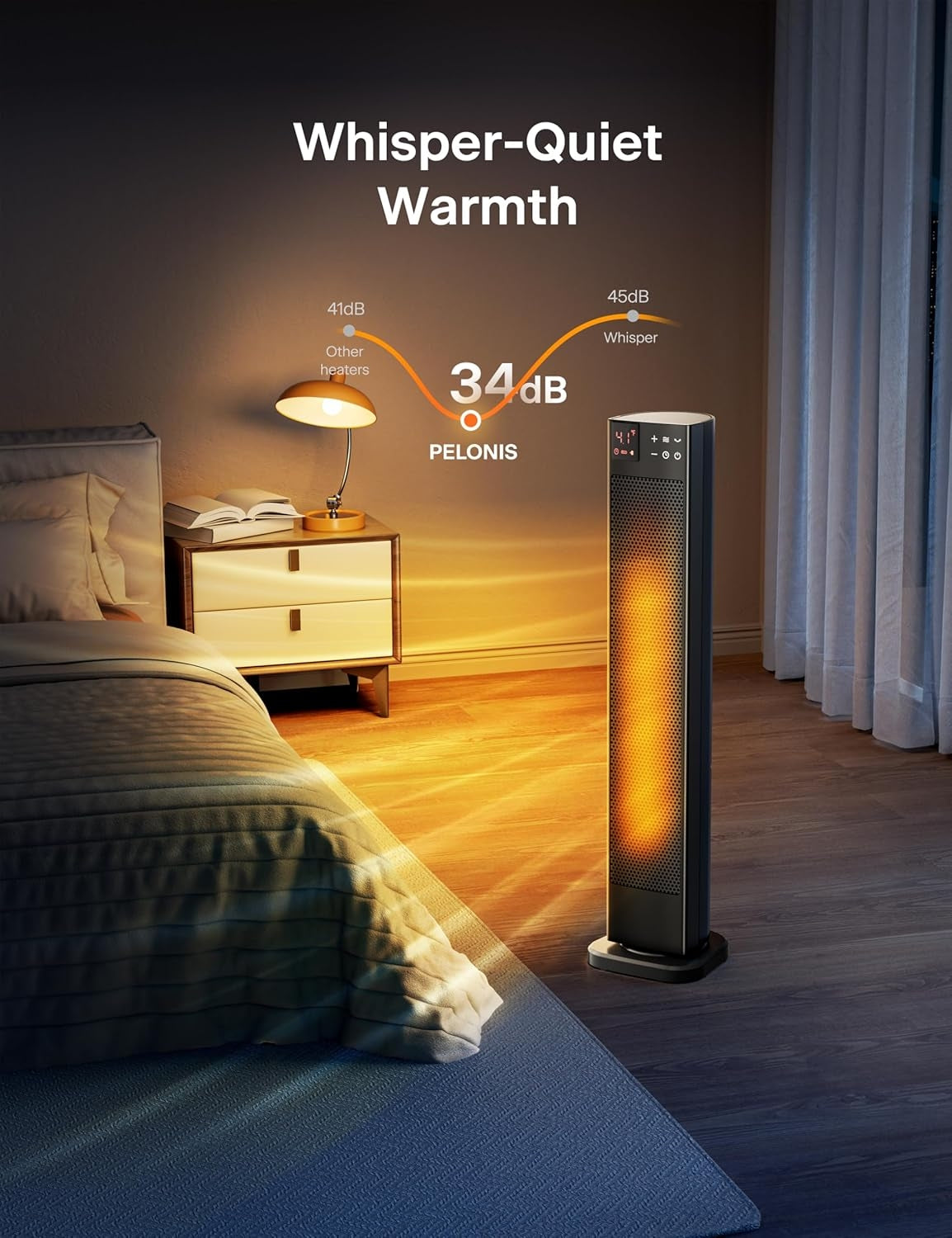 PELONIS 30” 1500W Ceramic Tower Space Heater with Adjustable Thermostat for Large Room PSHC30TD4BB