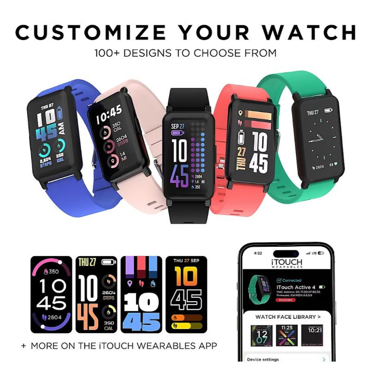 iTouch Active 4 Unisex Coral Smartwatch Fitness Tracker TC4S01-G14