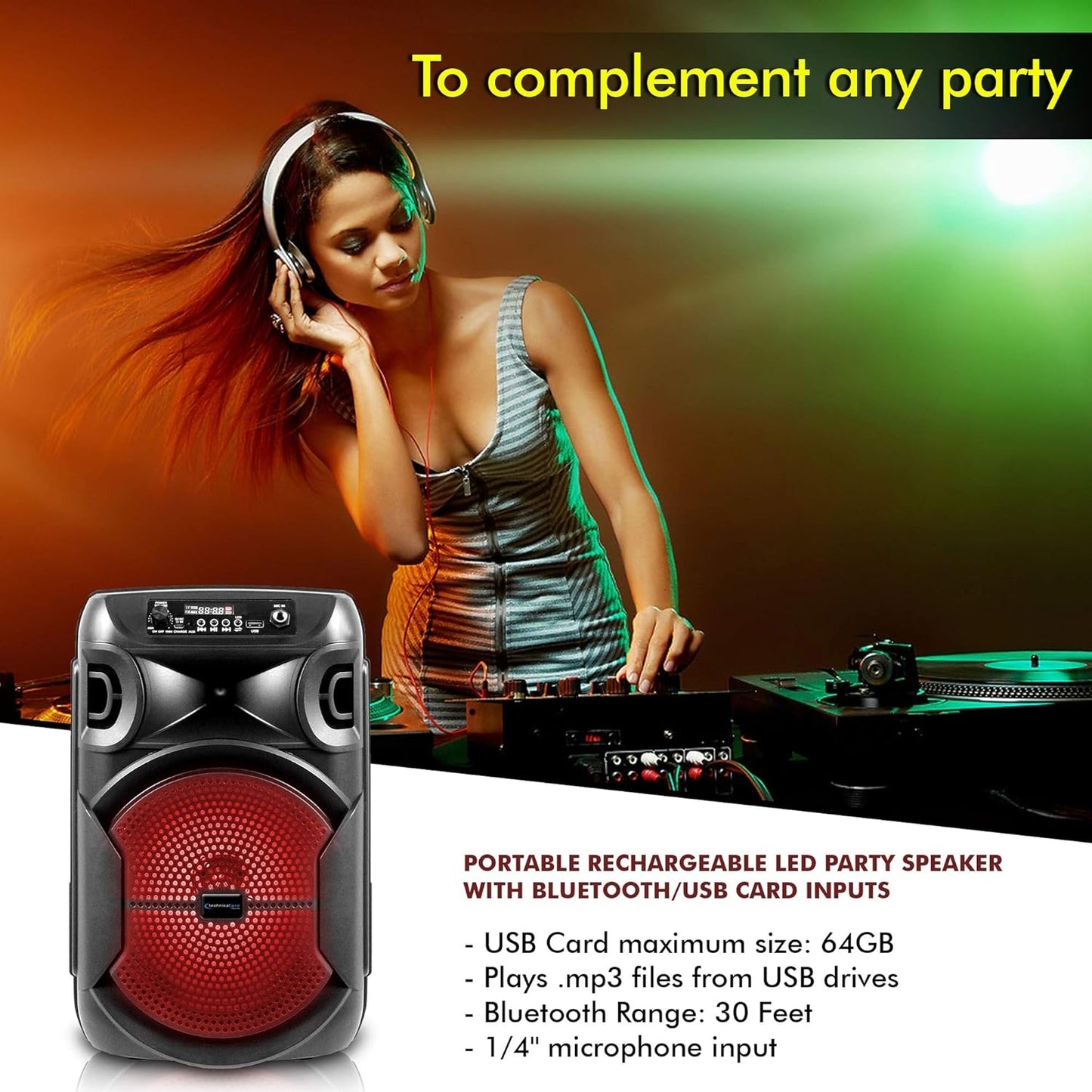 Technical Pro 8" Portable 800 W Bluetooth Speaker w/Woofer & Tweeter BOOM8