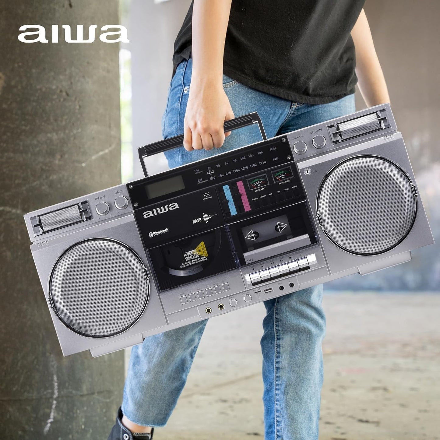 aiwa Retro Boombox CD Player with Cassette Recording, Bluetooth 5.0, FM/AM Radio, USB/SD/AUX Inputs AI7012