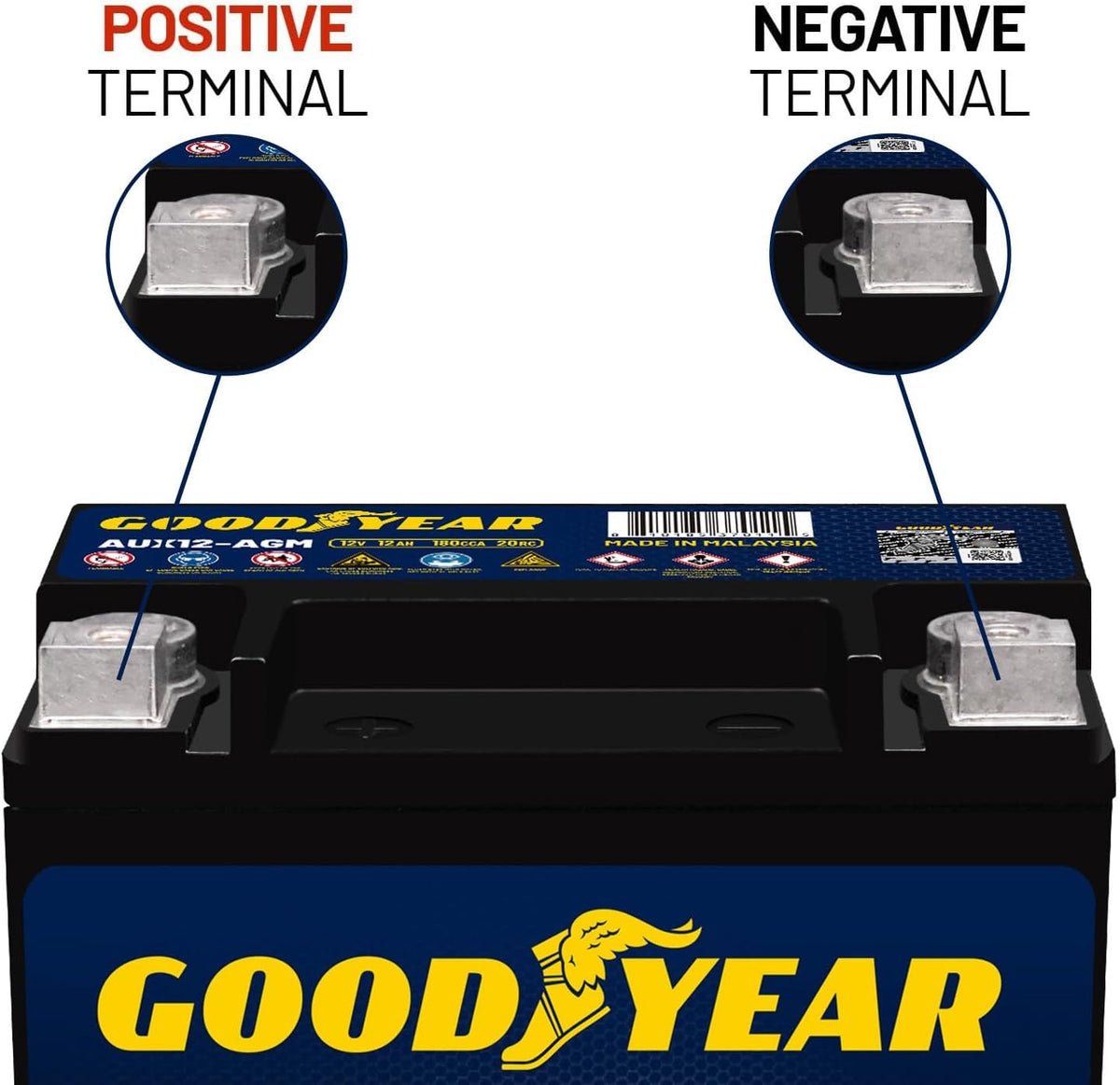 Goodyear AUX12-AGM BCI Group Size 401 12V 12 AH, 22RC, 200 CCA Platinum series Rechargeable AGM Maintenance Free Auxiliary Battery
