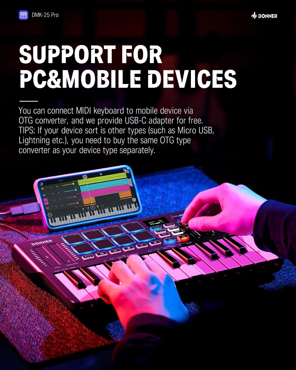 Donner DMK25 Pro MIDI Keyboard Controller, 25 Mini Key Portable USB-C MIDI Keyboard with 8 Drum Pads, OLED Display