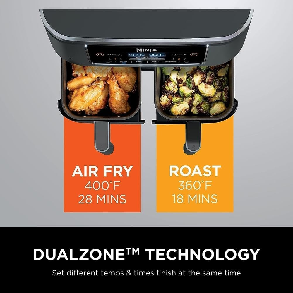 Ninja DZ201 Foodi 8 Quart 6-in-1 DualZone 2-Basket Air Fryer w/ 2 Independent Frying Baskets, Match Cook & Smart Finish to Roast, Broil, Dehydrate & More for Quick, Easy Meals, Grey