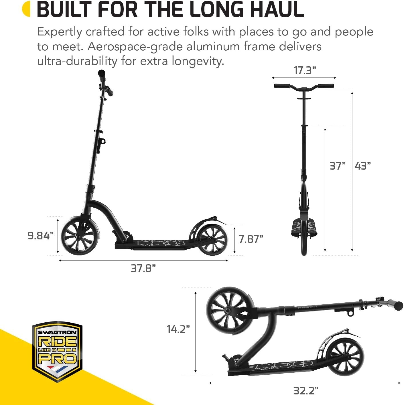 Swagtron K9 Commuter Kick Scooter for Adults, Teens | Foldable, Lightweight | Height-Adjustable for Riders up to 6'5", 220LB Max Load 99191-2