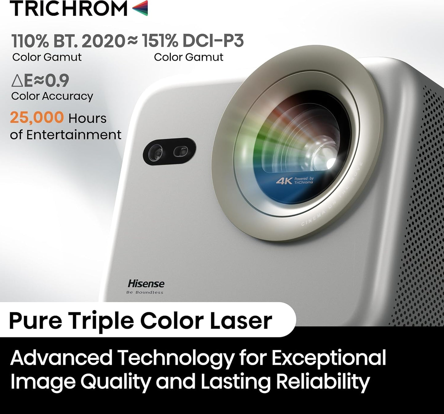 Hisense M2 Pro 1300-Lumen UHD 4K, 65” - 200”, Triple Laser Smart Projector M2PRO, Instant AI Auto-Focus, 1300 ANSI Lms, 25,000 hrs life
