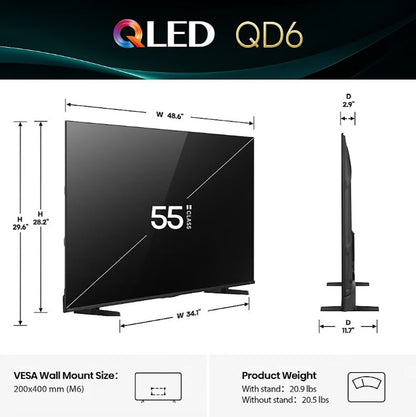 Hisense 55" QD6 QLED, AI 4K Upscaler, UHD, Dolby Vision Atmos, Press & Ask Alexa, Smart Fire TV 55QD65QFB