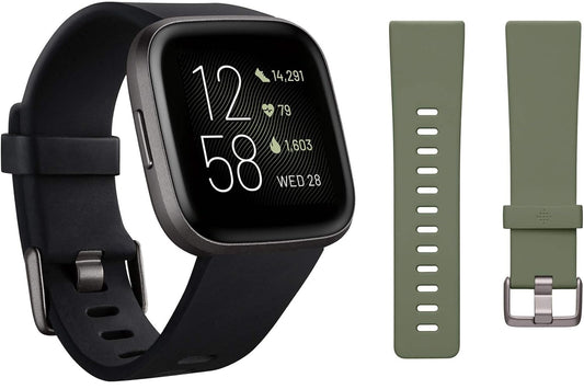 Fitbit Versa 2 Health & Fitness Smartwatch Black / Carbon Aluminum with Bonus Band (Olive) FB507BKBKL