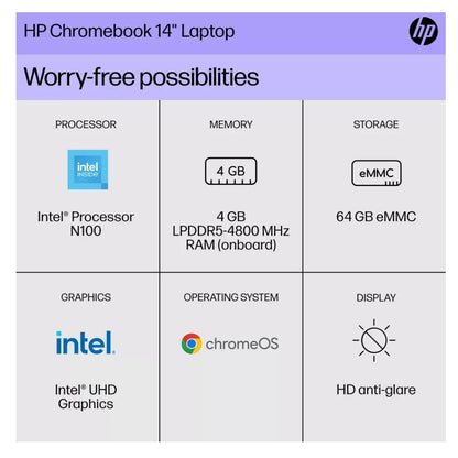 HP 14" Chromebook Intel Processor 4GB RAM 64GB Flash Storage Silver 14A-NF0002TG