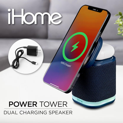 iHome Bluetooth Speaker with Wireless Charger, Charging Station with Color Changing Night Light - Blue iPBT50L