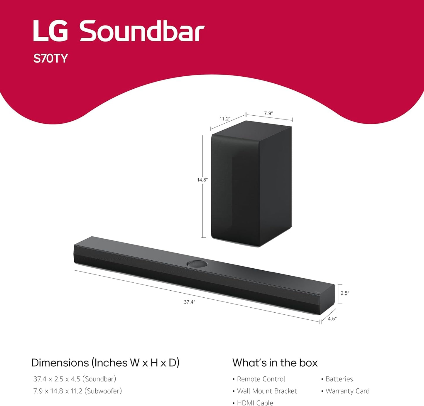 LG S70TY 3.1.1-Channel QNED TV Matching Soundbar, Dolby Atmos, Wow Orchestra, Rear Speaker Ready, Wireless Subwoofer