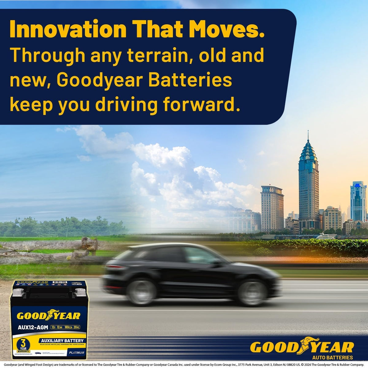 Goodyear AUX12-AGM BCI Group Size 401 12V 12 AH, 22RC, 200 CCA Platinum series Rechargeable AGM Maintenance Free Auxiliary Battery