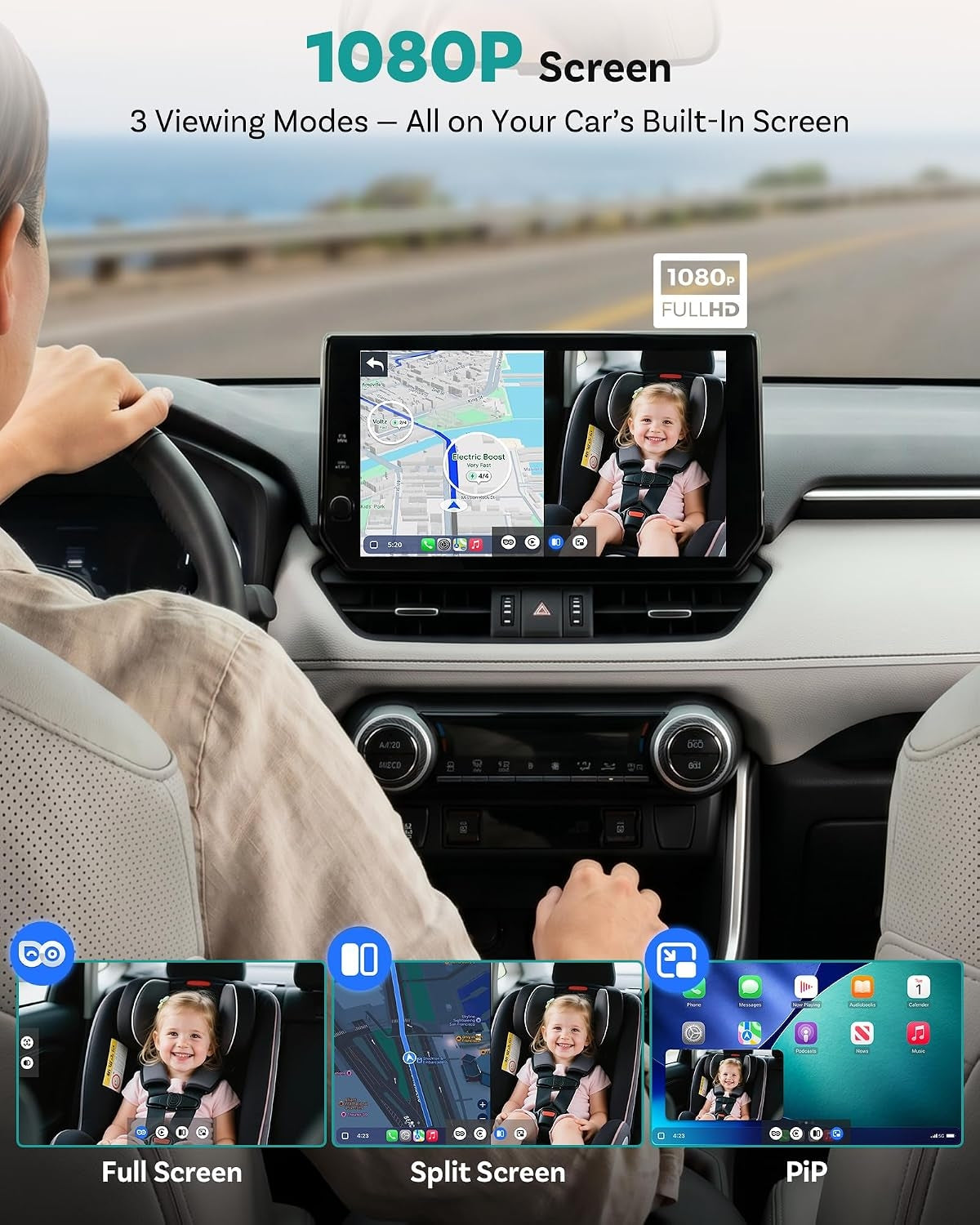 OTTOCAST CA520 Baby Car Camera 1080P HD Rear Seat Monitor, 150° Wide-Angle No-Glow Night Vision, Adjustable Camera