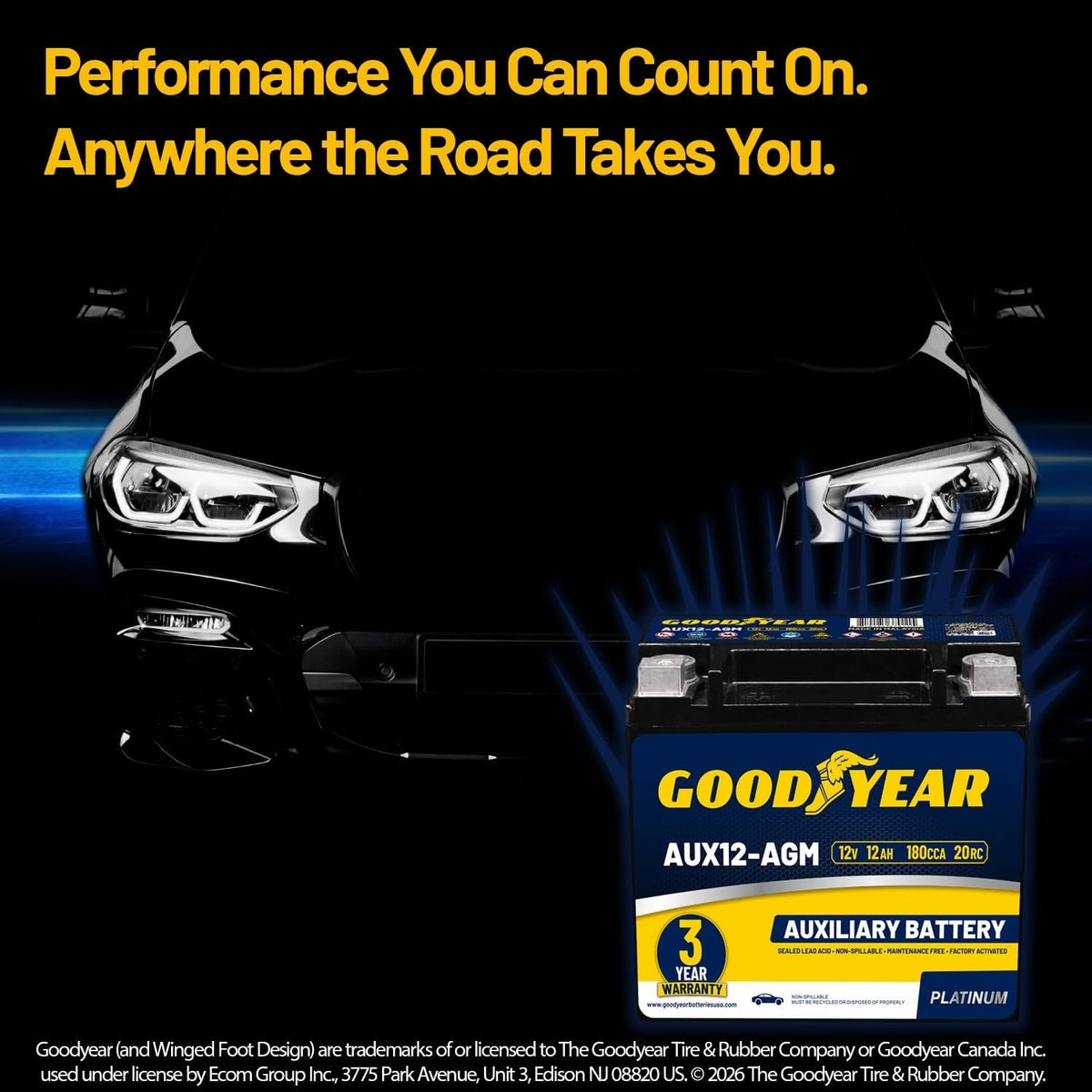 Goodyear AUX12-AGM BCI Group Size 401 12V 12 AH, 22RC, 200 CCA Platinum series Rechargeable AGM Maintenance Free Auxiliary Battery