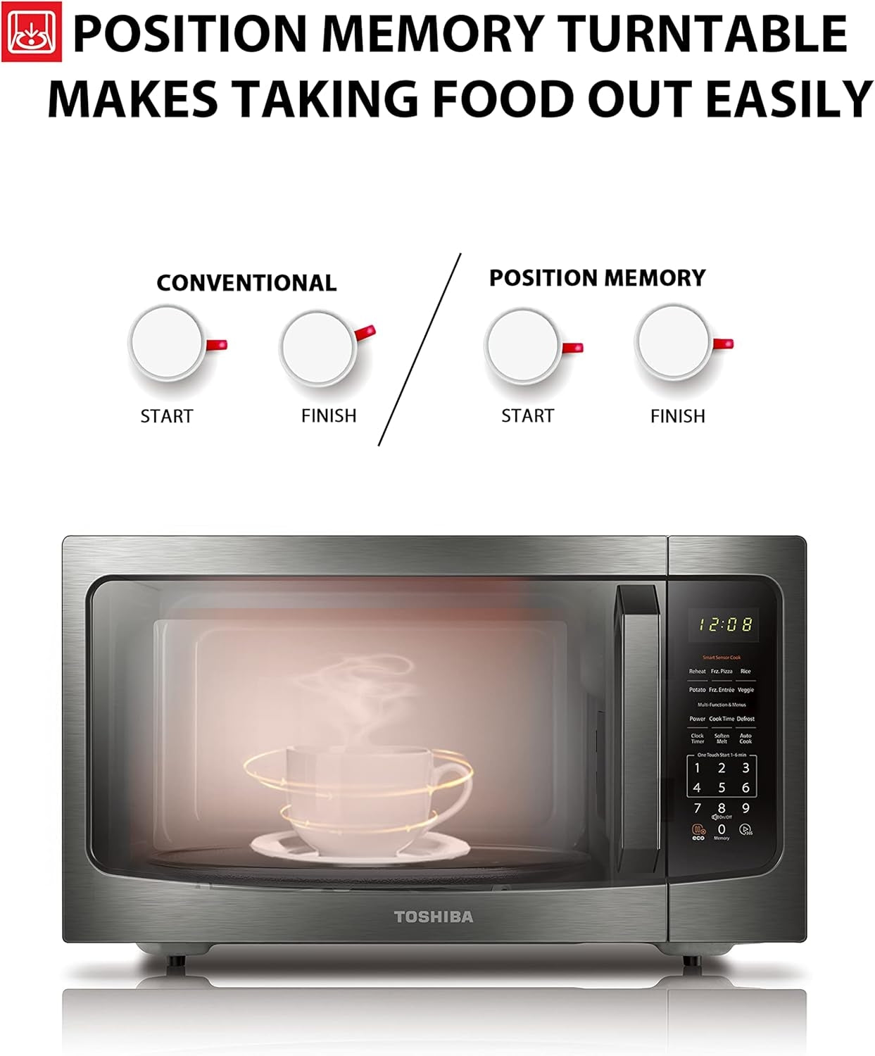 TOSHIBA Countertop Microwave Oven with Smart Sensor and Position Memory Turntable, Function, 1.6 Cu.ft 13.6" Removable Black Stainless Steel, 1200W ML-EM45P(BS)