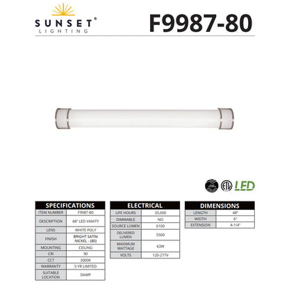 Sunset Lighting LED 48" Vanity 63W 3000K 5500Lm Bright Satin Nickel F9987-80