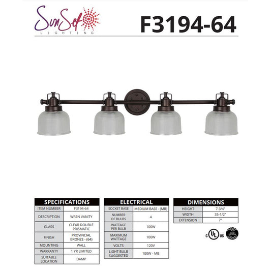 Sunset Lighting Four Light Vanity - Wren Provinzial Bronze F3194-64