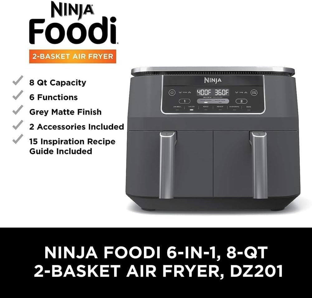 Ninja DZ201 Foodi 8 Quart 6-in-1 DualZone 2-Basket Air Fryer w/ 2 Independent Frying Baskets, Match Cook & Smart Finish to Roast, Broil, Dehydrate & More for Quick, Easy Meals, Grey