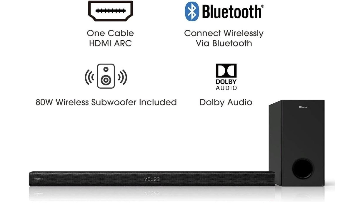 Hisense HS218 2.1ch Sound Bar w/ Wireless Subwoofer 200W, Bluetooth, HDMI ARC