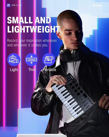 Donner DMK25 Pro MIDI Keyboard Controller, 25 Mini Key Portable USB-C MIDI Keyboard with 8 Drum Pads, OLED Display