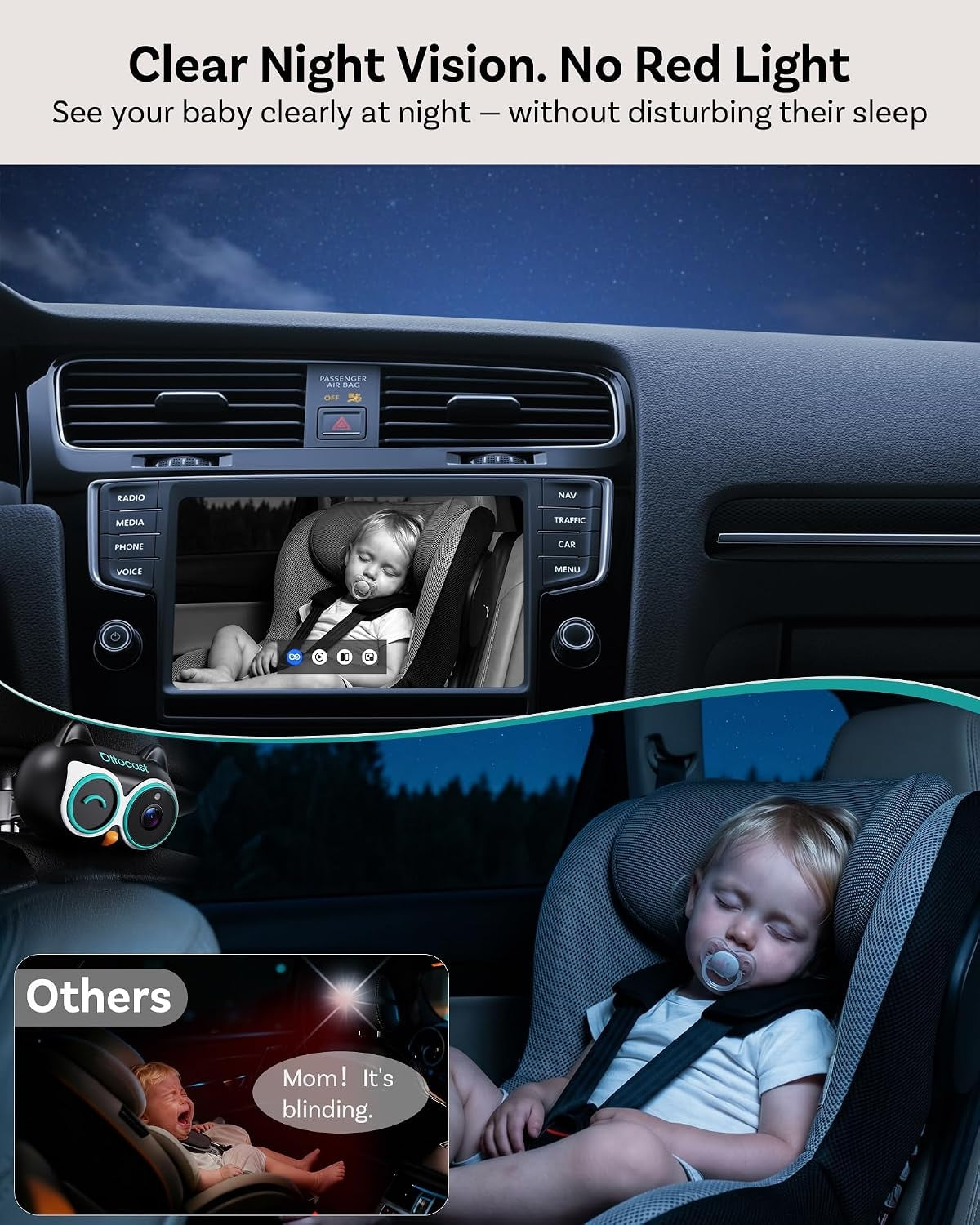 OTTOCAST CA520 Baby Car Camera 1080P HD Rear Seat Monitor, 150° Wide-Angle No-Glow Night Vision, Adjustable Camera