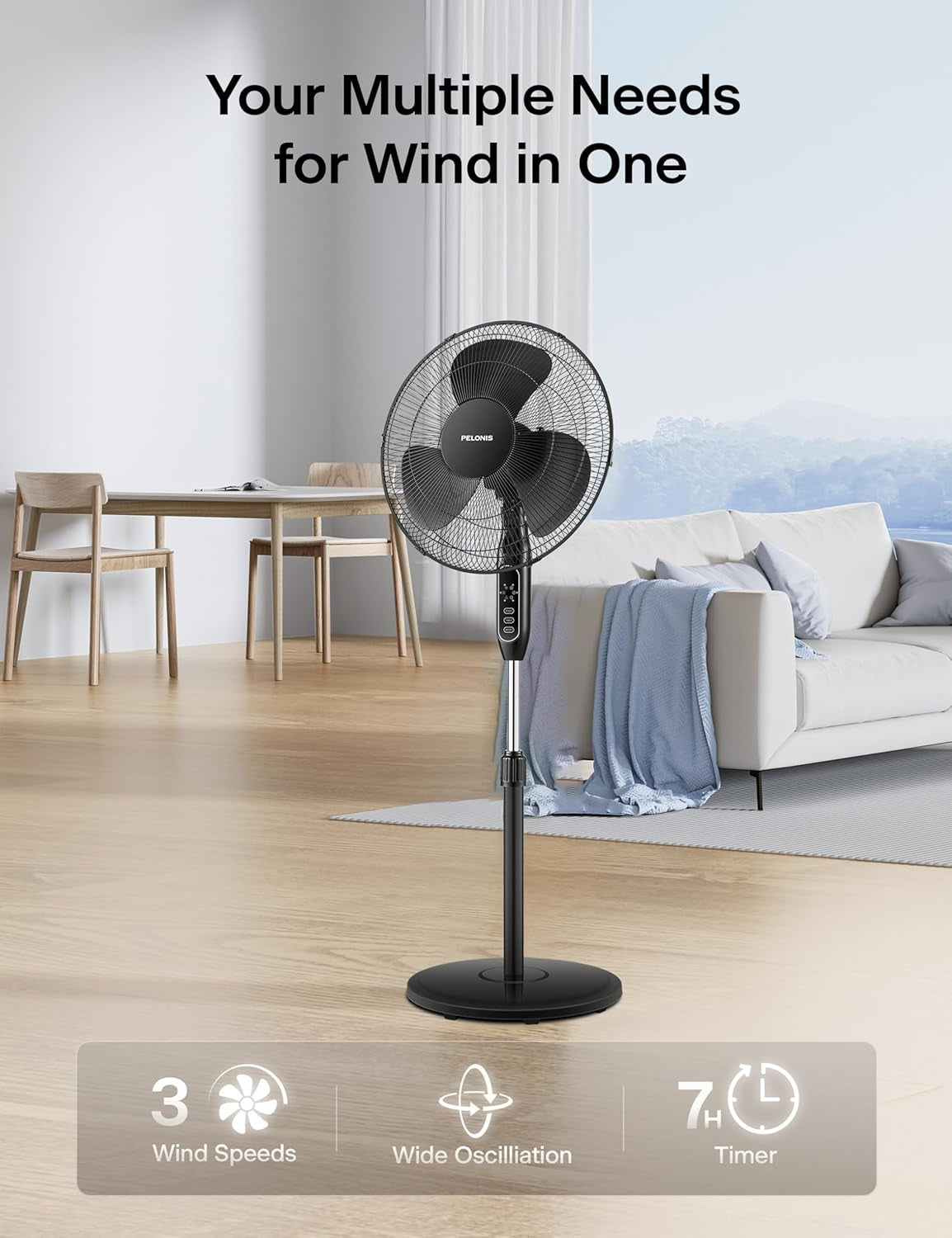 Pelonis 16 Pedestal Remote Control Oscillating Stand Up Fan 7-Hour Timer 3-Speed and Adjustable Height Black PFS40A4BBB
