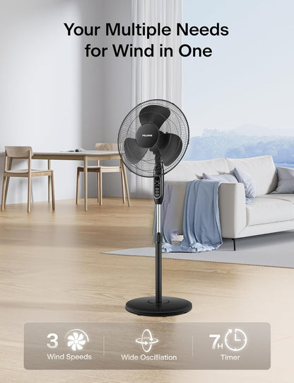 Pelonis 16 Pedestal Remote Control Oscillating Stand Up Fan 7-Hour Timer 3-Speed and Adjustable Height Black PFS40A4BBB