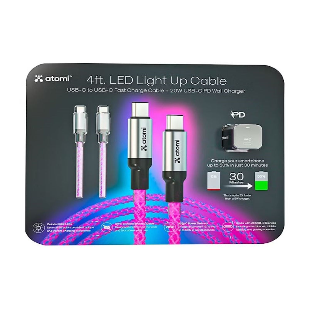 Atomi 4' USB-C to USB-C LED Light Up Cable with PD Charger AT2459
